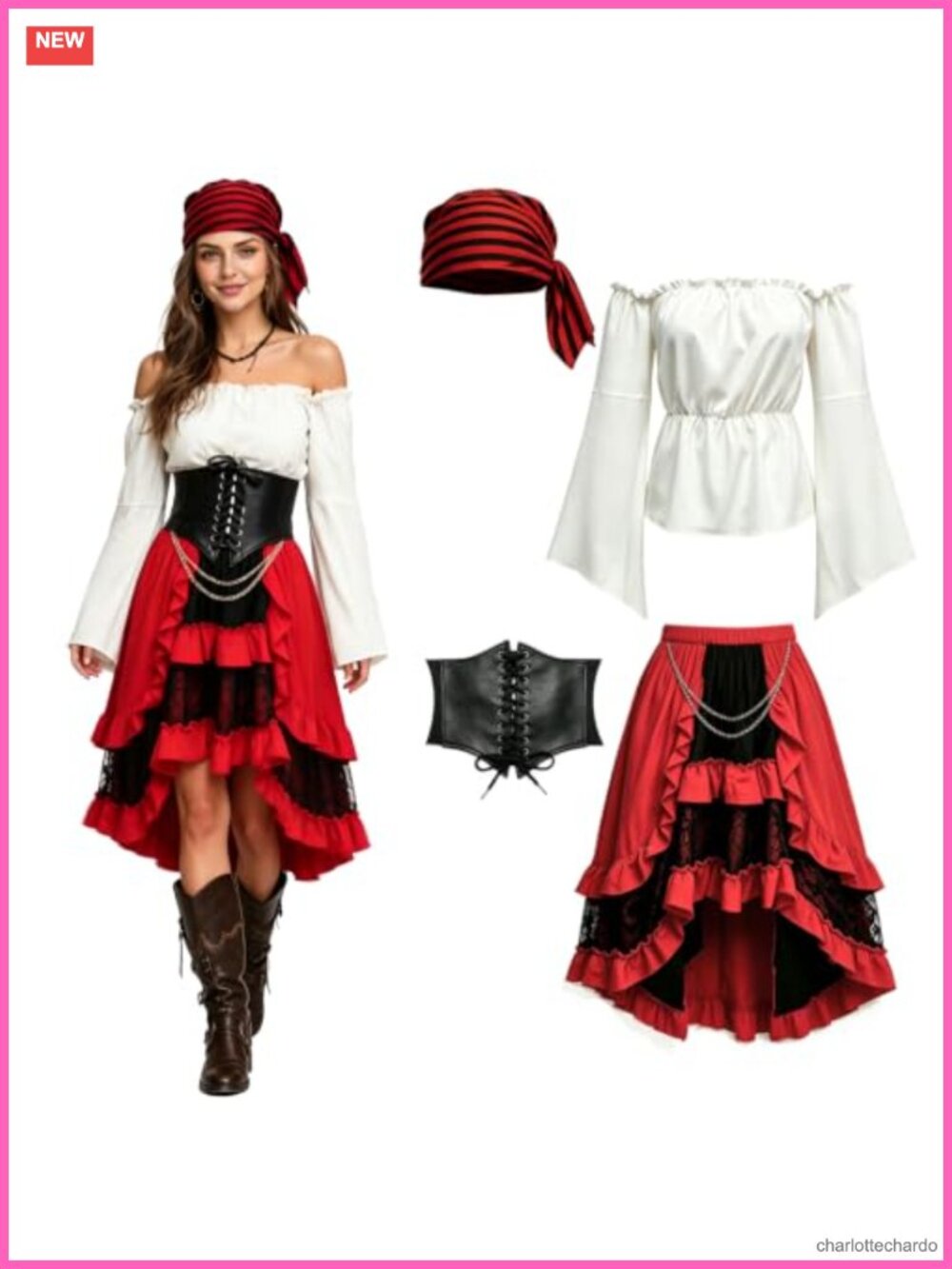 Women's Pirate Costume 4 Piece Corset Belt Skirt Ren Faire Outfit